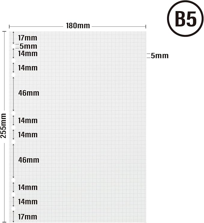 90 Sheets Planner Refill Paper, 255x180mm, 5mm Squared Inserts Paper B5 9 Holes Binder Grid Notepaper for Filofax Bullet Journals Diary