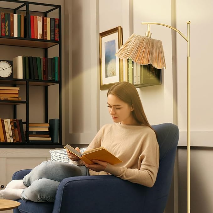 Ambimall 60" Floor Lamps for Living Room with 3 Color Temperatures, Gold Floor Lamp with Rattan Shade, Modern Tall Lamps for Bedroom Office, 9W LED Bulb Included