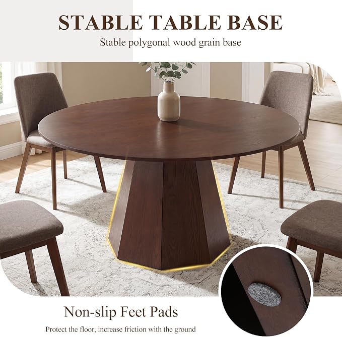BESTANO 59" Round Dining Table for 4-6 People, Kitchen Dining Room Table with Wooden Pedestal Base, Circle Dinner Pedestal Dining Table for Dining Room (Table Only), Walnut