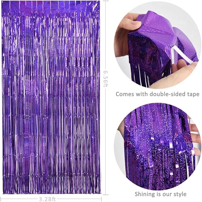 TONIFUL 3Pcs Laser Purple Door Streamers,Laser Purple Photo Booth Backdrop Metallic Streamers Foil Fringe Curtains for Halloween,Birthday,Christmas,New Year,Bachelorette,Grad Party(9.9ft x 6.6ft)