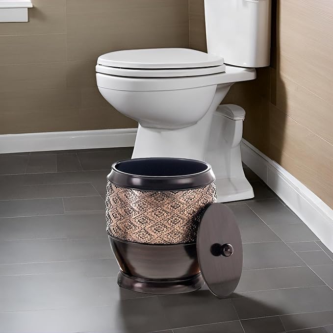 Creative Scents Dublin Brown Small Bathroom Trash Can with Lid - 1.3 Gal / 4.8L Decorative Oval Waste Basket - Durable Resin Garbage Can for Bathroom, Bedroom, Office Decor - Mini Wastebasket Bin