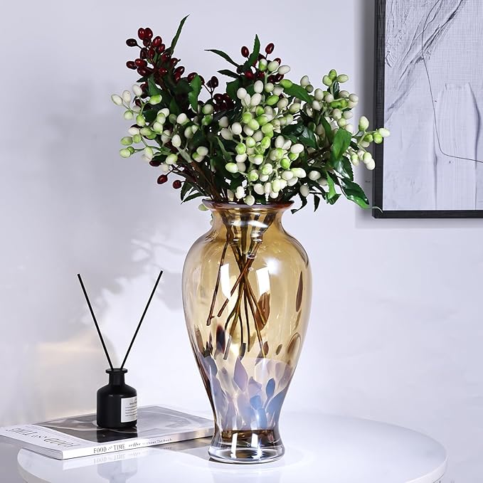 11.8" Tall Amber Gold Glass Vase Beautiful Hand Blown Glass Vase Modern Art Home Decor, Wide Mouth Colorful Vases for Mantle Dining Table Centerpiece, Entryway Living Room Wedding Decoration