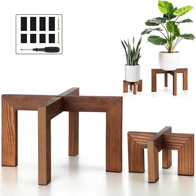 Wonderjune 2 Pcs Wood Plant Stands Indoor Mid Century Modern Holders for Plants Wooden Flower Stands, Boho Rustic Wooden Stool for Plant Pot Holder(Large Fit 5-15 Inch Pot, Small Fit 3-8.2inch)