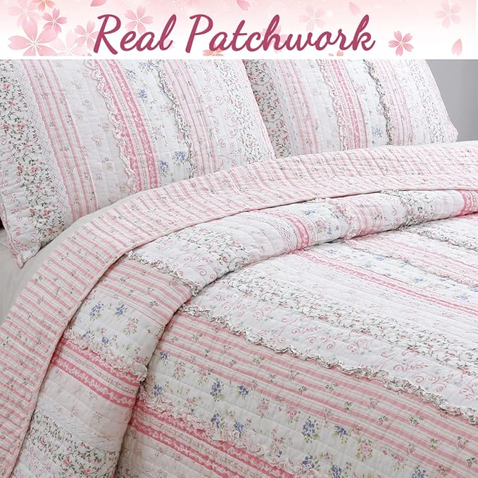 Cozy Line Home Fashions Pink Flower Lace Ruffle Stripe Shabby Chic Girl 100% Cotton Reversible Quilt Bedding Set, Coverlet, Bedspread (Pink Lace, Twin - 2 Piece: 1 Quilt + 1 Sham)