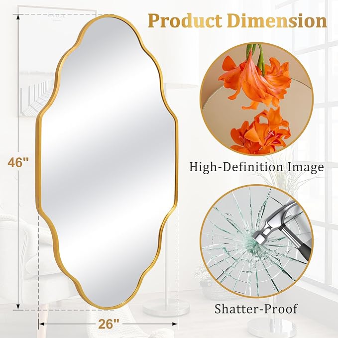 Scalloped Mirror for Bathroom - 26"x46" Gold Bathroom Mirror with Aviation Aluminum Alloy Frame & Shatter-Proof Glass for Living Room Bedroom Entryway, Brushed Gold Frame(x1)