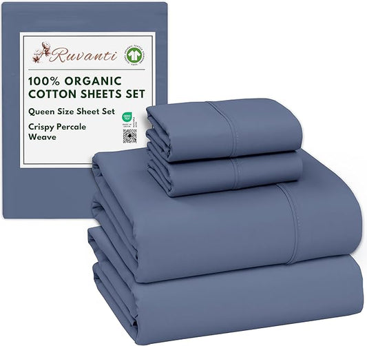 RUVANTI 100% Organic Cotton Sheets Queen Size, Percale Weave, GOTS Certified, 4-Piece Set, Deep Pocket 15", Crisp & Breathable, Soft Durable Bedding, Sábanas Algodón Orgánico – Wild Wind