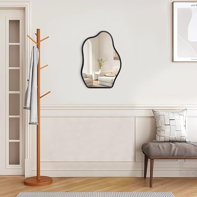 Asymmetrical Wood Frame Mirrors for Wall Oval Hanging Mirror Unique Irregular Modern Mirror for Entryway Hallway Living Room Bedroom Vanity Decorative Artistic Wall Mirror