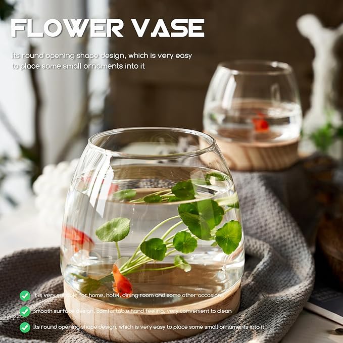 FAVOMOTO Hydroponic Flower Vase with Wooden Base Transparent Glass Micro Landscape Bottle for Desktop Decoration Premium Glass and Wood Material for Home Office Study Plant Display