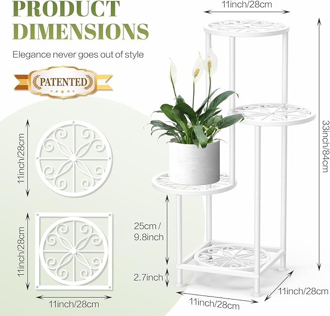4 Tier Plant Stand Indoor Outdoor, Metal Flower Shelf Display Holder, Multiple Plants Corner Tall Flower Holders for Patio Balcony Porch Garden Living Room (White)