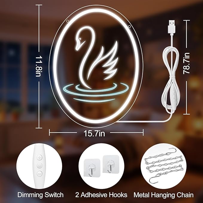 Swan Neon Sign, Neon Signs for Wall Decor, Dimmable LED Neon Sign for Bedroom Decor, USB Powered Neon Signs for Birthday Party and Teen Girls Gift (15.7" x 11.8")