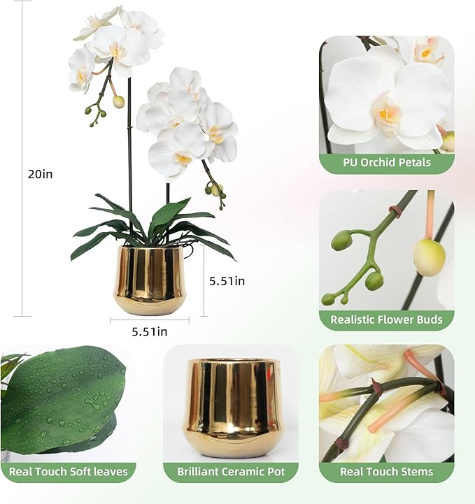 CXGS Orchids Artificial Flowers Realistic Fake Flowers in Ceramic Pot 20" White Lifelike Faux Floral Arrangement Soft PU Phalaenopsis for Home Hotel Indoor Decor, Centerpiece Display