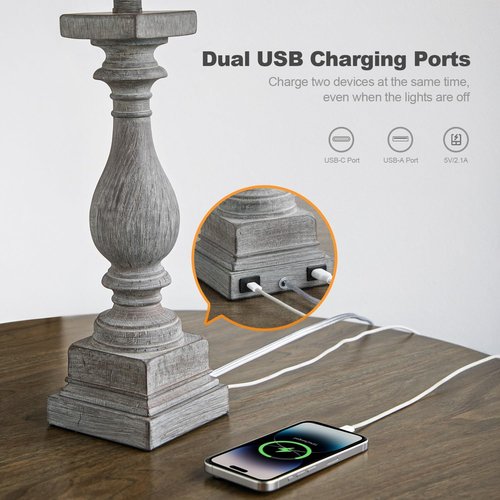 BOBOMOMO Vintage Rustic Farmhouse Table Lamps - USB-A & C Ports, Linen Shade | Set of 2 for Living Room & Bedroom