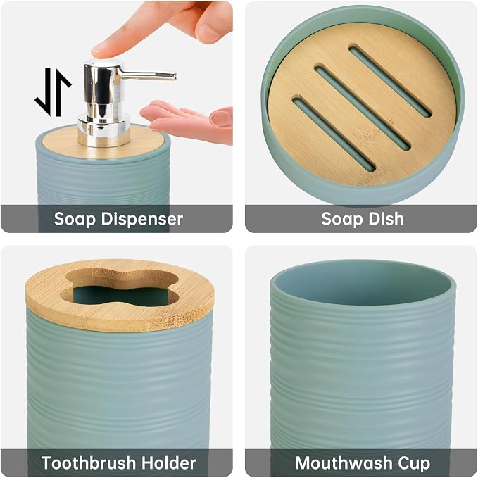 4 Pieces Bamboo Bathroom Accessories Set, Bathroom Accessory Set with Soap Dispenser and Toothbrush Holder, Soap Dish and Toothbrush Cup, Boho Bathroom Decor(Aqua)