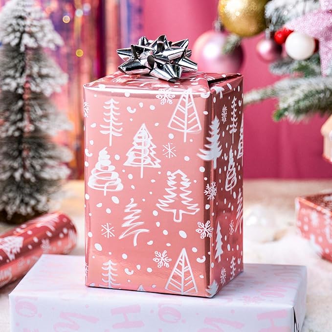 MAYPLUSS Pink Christmas Wrapping Paper Roll - 17IN X 33FT - Gift Wrapping Paper Featuring Christmas Tree Snowflake Reversible HO for Kids, Holiday, New Year