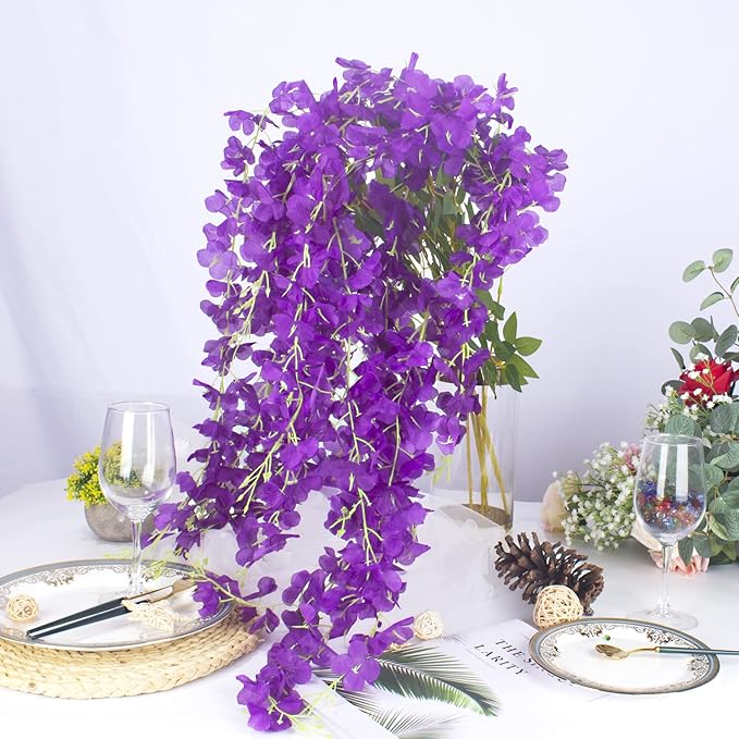 12 Pack Artificial Flowers Silk Wisteria Vine Ratta Hanging Flower (Blue)