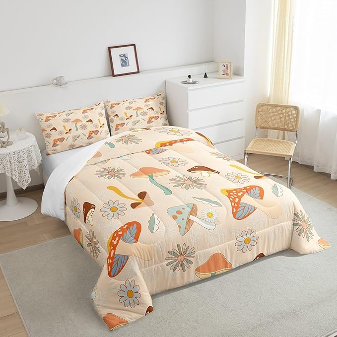 Castle Fairy 60s 70s Retro Mushroom Comforter Set Full Size,Groovy Flowers Floral Bedding Comforters for Girls Teens Gift,Boho Art Quilt Set with 2 Pillowcases,Chic