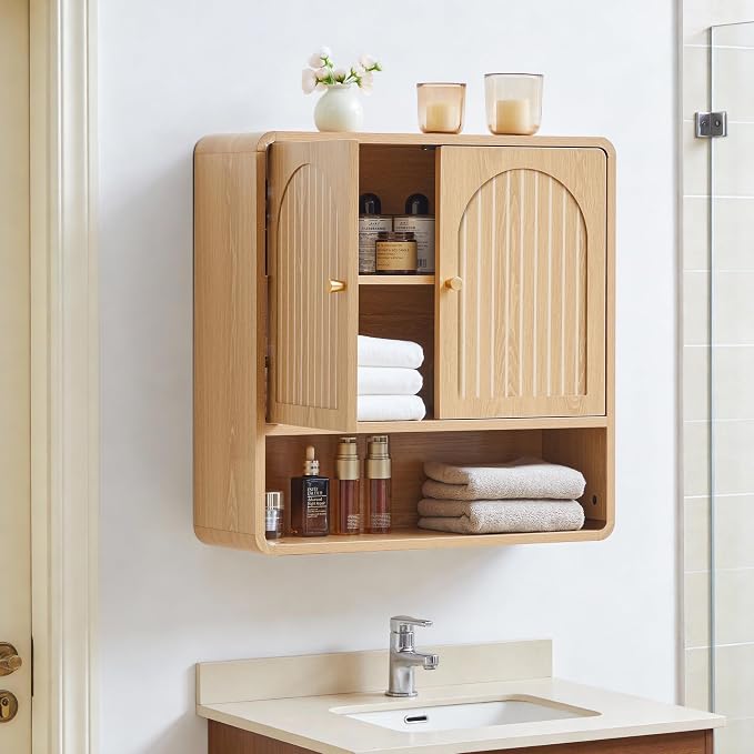 Wall Storage Cabinet with Adjustable Shelf, Over the Toilet Storage Cabinet for Bathroom, Light Wood Color Medicine Cabinet Organizers for Bathroom, Laundry Room, Kitchen (Natural)