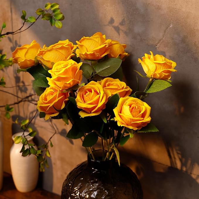 12 Pcs Artificial Rose Flowers, Silk Roses with Long Stems, Realistic Fake Roses for Wedding Centerpiece Party Home and Office DIY Decor, Yellow