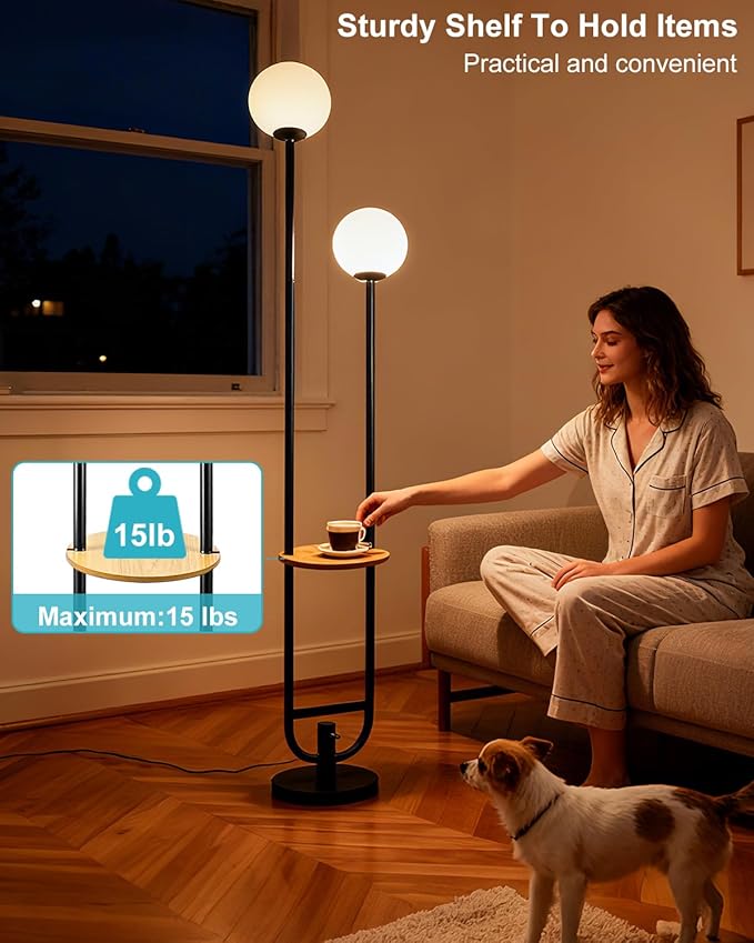 63IN 2-Globe Floor Lamp Dimmable Tall Standing Lamps with Table 3000K Warm White Unique Vintage Modern Mid Century Floor Lamp with 5Lbs Heavy Base for Living Room-Black