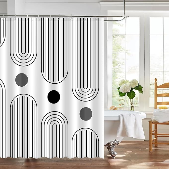 JWXCBIM Boho Mid Century Shower Curtain Set, Modern Minimalist Arch Lines Sun Abstract Aesthetics Bathroom Decor, Waterproof Fabric White Bohemian Bath Curtain with 12 Hooks 72x72 inches