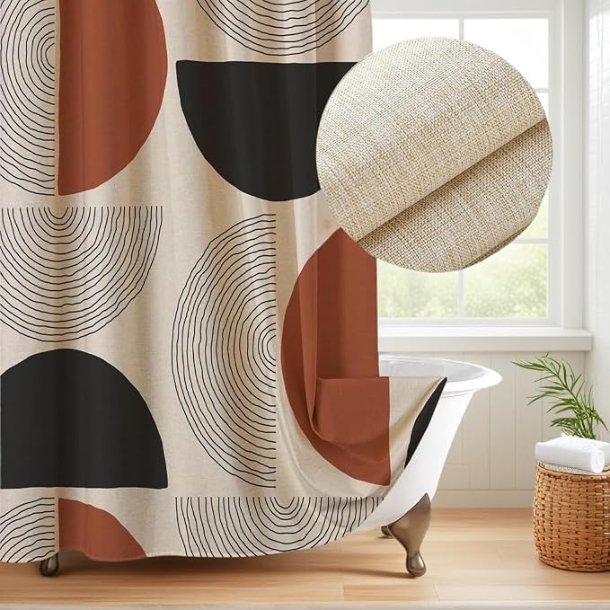 Boho Minimalistic Linen Shower Curtain Abstract Geometric Shapes Lines Fabric Shower Curtain Set with Hooks, Mid Century Modern Shower Curtains for Bathroom, 71x84 Bath Curtain