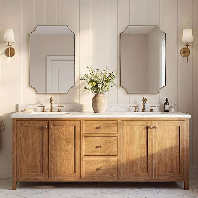 ANDY STAR 20"x30" Gold Scalloped Mirror, Mirrors for Bathroom, Champagne Bronze Vanity Mirror with Scalloped Corners Design, Rustproof Stainless Steel Thin Frame, Ideal for Narrow Bathroom Remodel