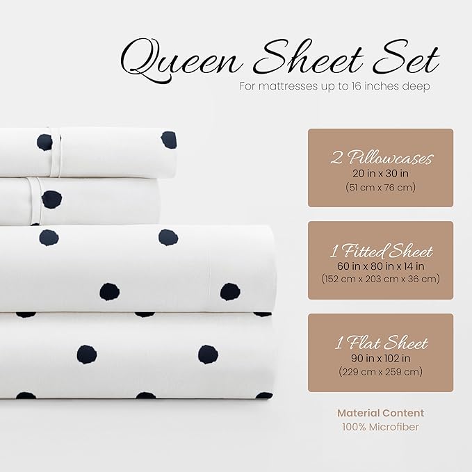 Linen Market 4 Piece Queen Sheet Set - Breathable, Double-Brushed Patterned Cooling Sheets – Oeko-TEX Certified Ultra Soft & Wrinkle-Free 16" Deep-Pocket Queen Sheets - Easy Care Dots Navy