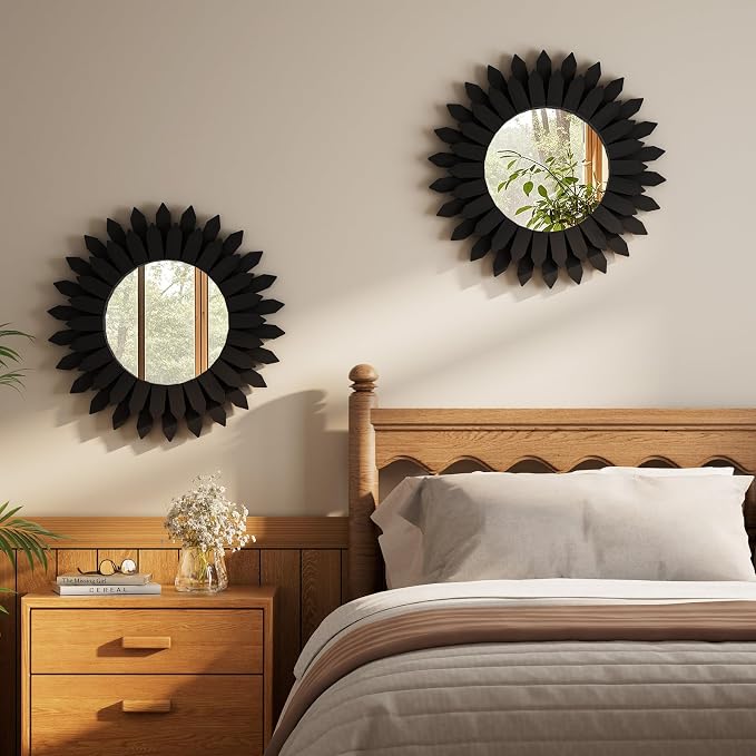 Boho Wood Sunburst Round Wall Mirror, 20 Inch Rustic Circle Wooden Frame Decorative Mirror for Farmhouse Coastal Home, Home Wall Decor for Living Room Entryway Bedroom, Black