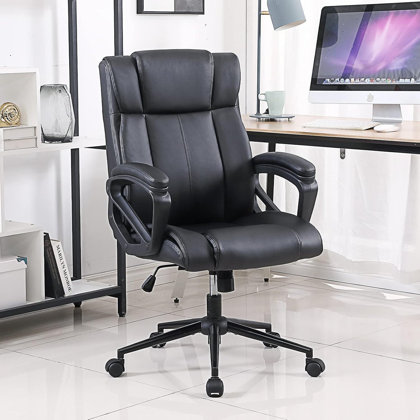 Skiennix Ergonomic Executive Office Chair - Heavy Duty 300lbs Capacity, Mid-Back PU Leather with Lumbar Support - Black