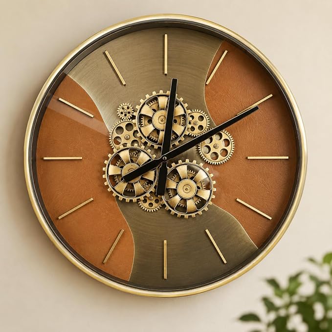 21.65 Inch Moving Gear Wall Clock, Battery Operated Steampunk Industrial Large Clock, Antique Bronze Metal Frame with 3D Scales, Unique Decorative Wall Clock for Living Room Farmhouse Office Decor