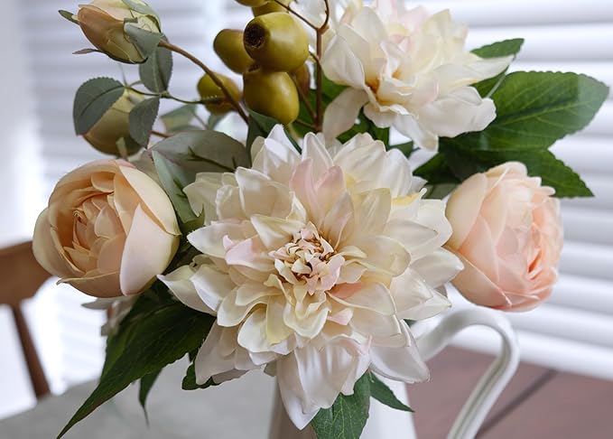 2Pcs Artificial Flower Bouquets Decoration, Faux Floral Arrangement Table Centerpiece Home Farmhouse Indoor Decor, Wedding Bride Bouquet, Mixed Fake Flower Picks for Vase/Pot (Cream/Blush/Green)