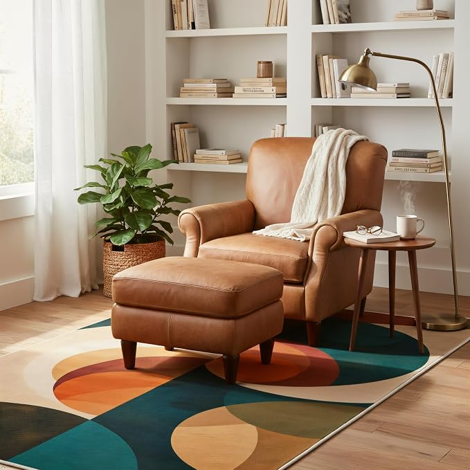Mid Century Geometric Area Rug 4x6 – Retro Abstract Circle Pattern Rug for Living Room & Bedroom, Low Pile Washable Indoor Rug with Non-Slip Backing