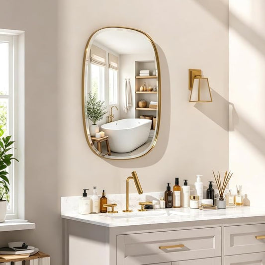 POZINO Brushed Gold Mirror, 20"x30" Brass Beveled Mirrors for Bathroom, Rounded Rectangle Mirror, Modern Vanity Wall Mirrors in Premium Stainless Steel Frame Hangs Horizontal Or Vertical