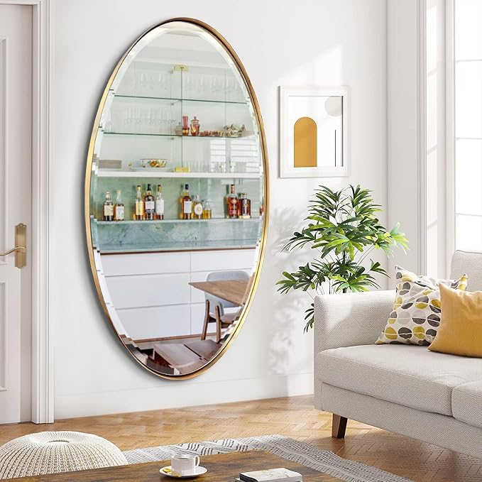 POZINO Beveled Oval Mirror, 28"x48" Brushed Gold Bathroom Mirror with Stainless Steel Frame, Modern Accent Wall Mirrors for Entryway Bedroom Hallway Living Room, Hangs Vertically or Horizontally