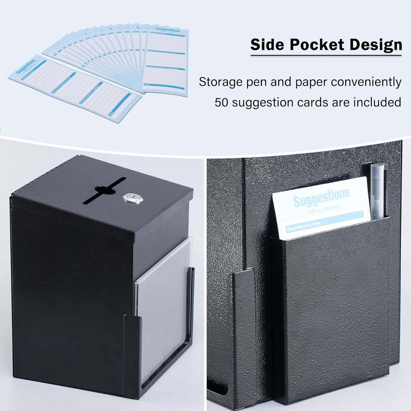 Xydled Donation Box - Key Lock Acrylic Sign Holder & Metal Ballot Drop Box | 8.9''x7.1''x6.3'', Black