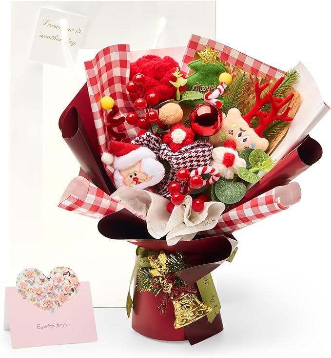 Christmas Crochet Flower Bouquet, Handmade Knitted Flowers with Rose Holly, for Lover Mother Women Family Friends, Lasting Holiday Home Decor