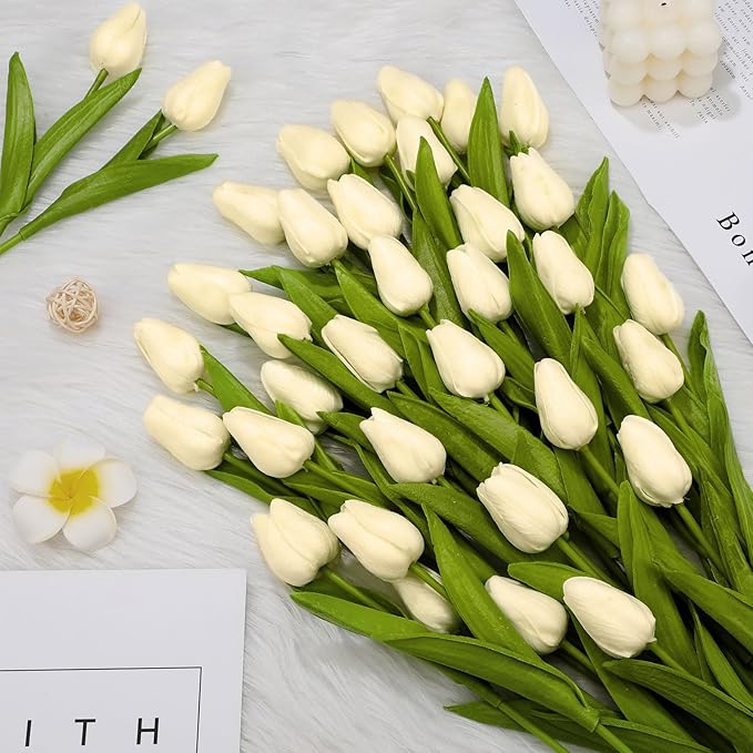 Janinka 100pcs Artificial Tulip Flowers Fake PU Tulips Faux Latex Bouquet Flower Centerpieces Arrangement Floral for Mother Day Wedding Spring Decorations (Milk White)