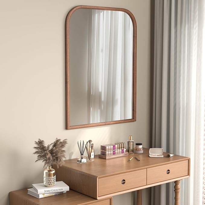 30"x40" Arch Wall Mirror Bathroom Mirror for Wall Mounted, Tempered Glass, Wood Grain Finish Frame Wall Mirror Decorative for Bedroom Living Room Entryway