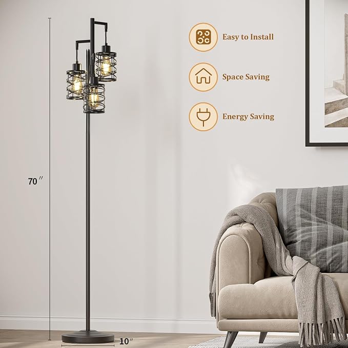 Oneach 70" Industrial Floor Lamp, Stepless Dimmable Standing Lamp with 3 Bulbs, Farmhouse Corner Standing Tree Lamp for Living Room, Tall Lamps for Bedroom, Office, Study Room, Dining Room, Black