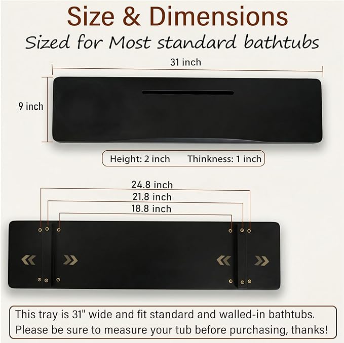 Elegant Black Bamboo Bathtub Tray Caddy for Standard Tub, 31" L Adjustable Bath Tray for Tub, Luxury Spa Bathroom Tray Organizer Table, Bath Tub Accessories for Women, Housewarming, Birthday Gifts