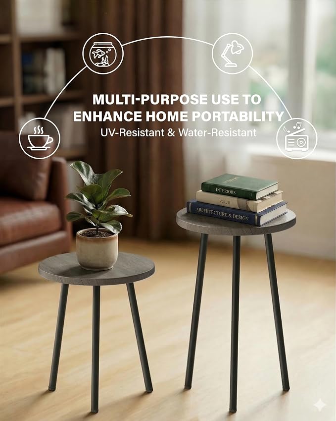 Plant Stand Indoor Tall: Corner Wood Plant Stand 2 Pack Mid Century Modern Decor - Small Round Plant Table for Indoor Plants - Outdoor Plant Holder for Patio Living Room Bathroom Office (Grey Wood)