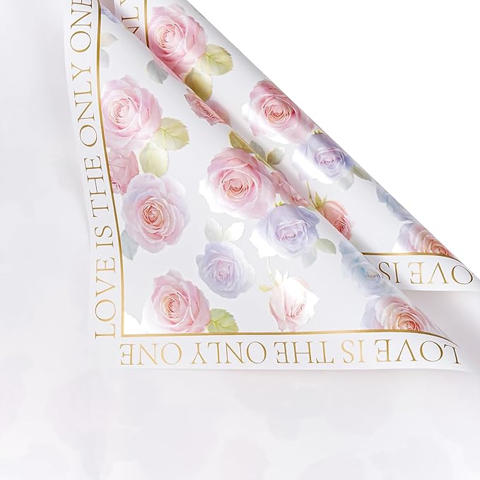 WRAPAHOLIC 20 Sheets White Flower Wrapping Paper - 22.4 x 22.4 inch Rose Design Water-Resistant Floral Bouquet Wrapping Paper, Florist Supplies Packaging for Wedding Birthday Gift DIY