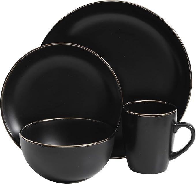 Gibson Home Rockaway 16-Piece Round Stoneware Dinnerware Set, Service for 4 – Black with Gold Rim Plates and Bowls, Microwave & Dishwasher Safe