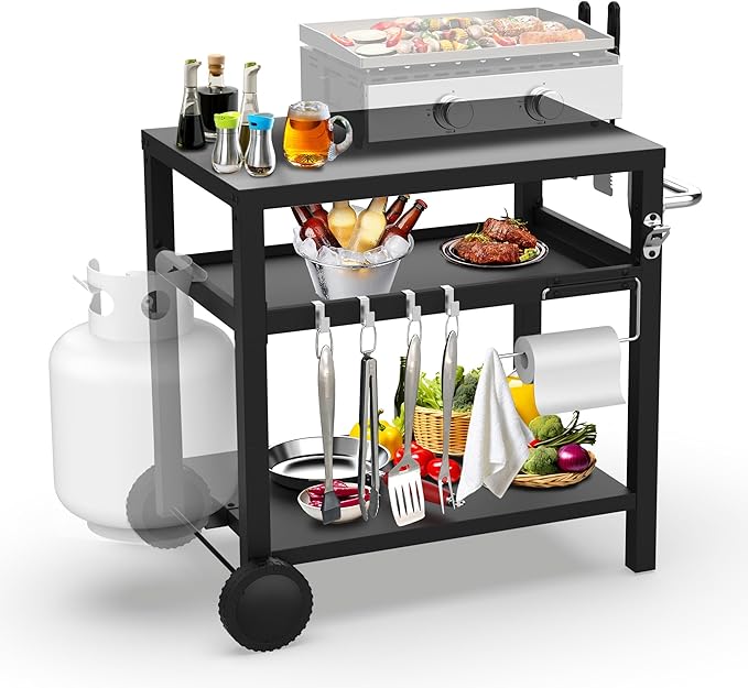 BBQCuker 29.5''x19.6'' Outdoor Grill Cart, Pizza Oven Table Stand, 3-Shelves Food Prep Table for Ninja Woodfire, Ooni Pizza Oven, 17'' & 22'' Blackstone Griddle, Grill Stand for Picnic, Camping