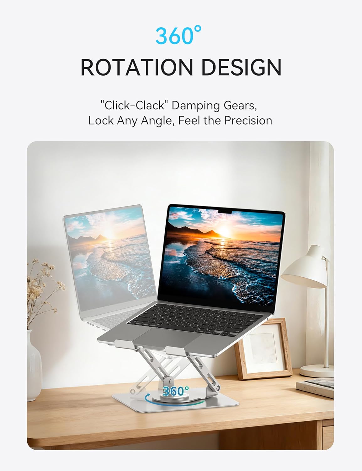 SOUNDANCE 360 Rotating Laptop Stand - Ergonomic Adjustable Height Metal Holder | Portable Silver Grey