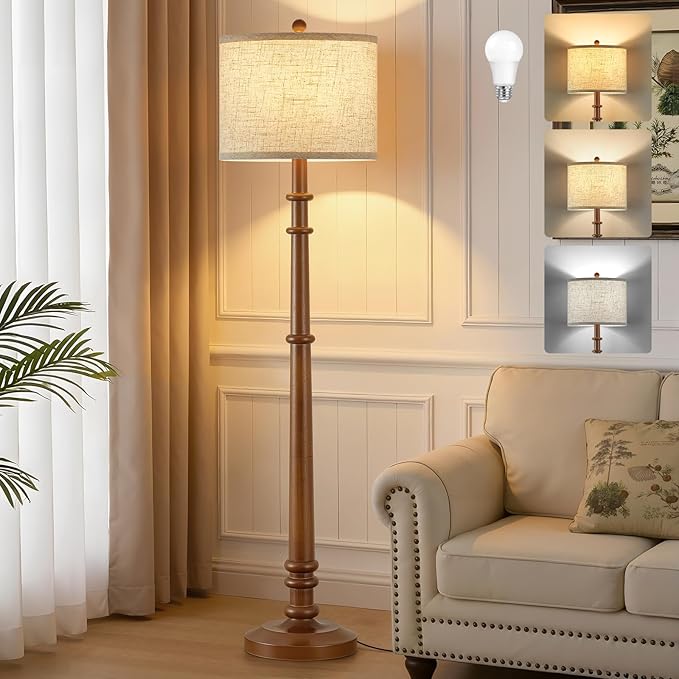 Floor Lamps for Living Room - 60" Wood Farmhouse Floor Lamp with Adjustable Color Temperatures - Vintage Standing Lamp Reading Light with Linen Shade Rustic Tall Lamp for Bedroom Office, Dining Room