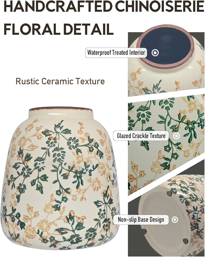 Vintage Ceramic Flower Mini Vase Home Decor - Tabletop Rustic Vase for Decor Living Room Bookshelf Office Kitchen Cottage, White Vases for Bouquet, Chinoiserie | Grand Millennial | 6.1inch