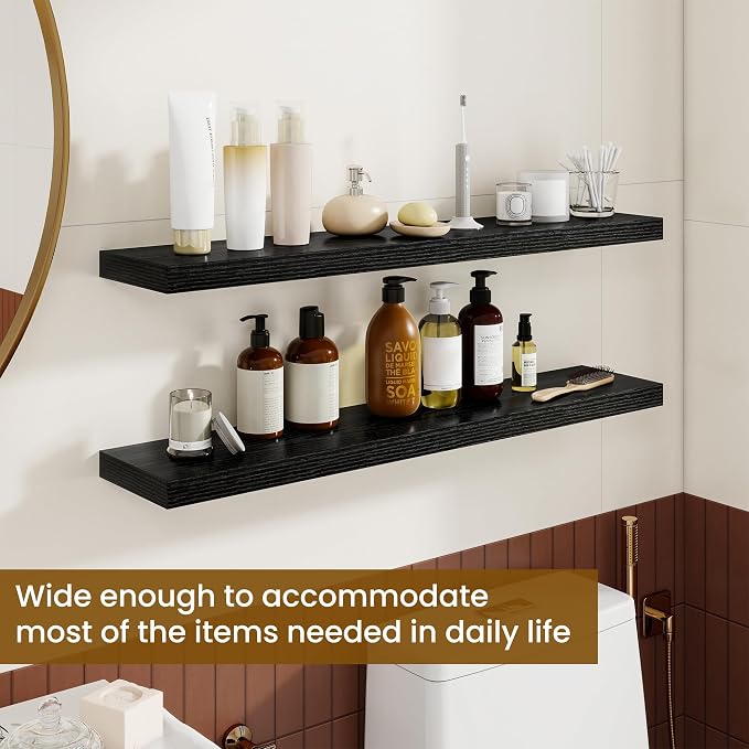 Dreamland 36Inch Floating Shelves for Wall, Rustic Wooden Black Floating Shelves for Bathroom|Bedroom|Kitchen, Deep Wall Mounted Book Shelf, Wood Storage Display Shelf for Home Decor, Set of 2