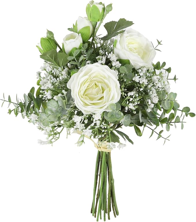 famibay Artificial Flowers 2 Pack White Artificial Roses with Stems Baby Breath for DIY Bouquets Wedding Centerpieces Party Table Decoration Home