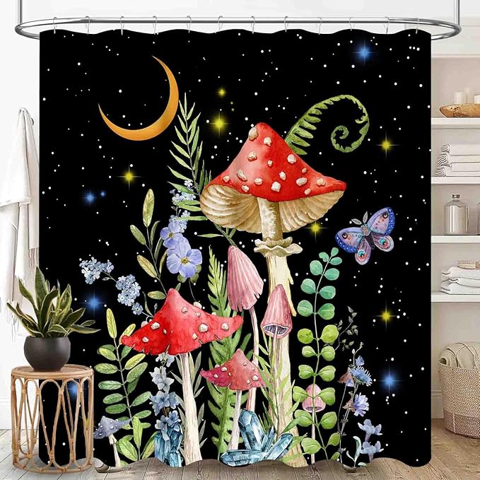 Mushroom Shower Curtain for Bathroom, Magic Gothic Fairy Forest Botanical Vintage Mushroom Wildflower Plants Herbs Farmhouse Country Waterproof Fabric Shower Curtain Set with Hooks, 72"x78" Inch